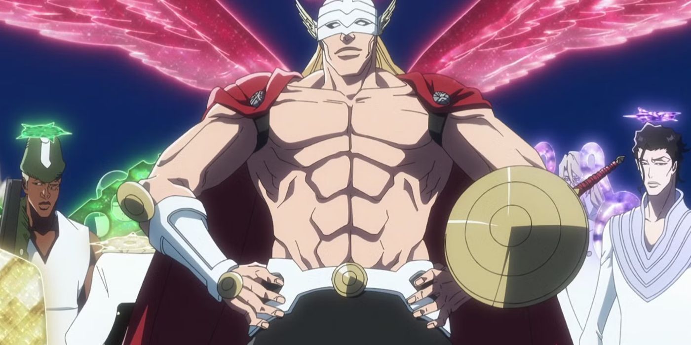 Gerard Valkyrie with red wings in front of other Quincies in Bleach