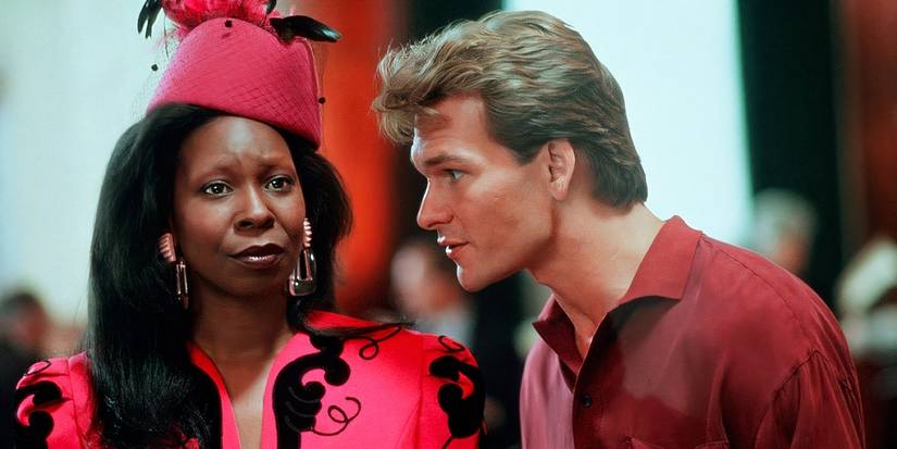 Sam Wheat, played by actor Patrick Swayze, standing next to Oda Mae Brown, played by actor Whoopi Goldberg, in Ghost