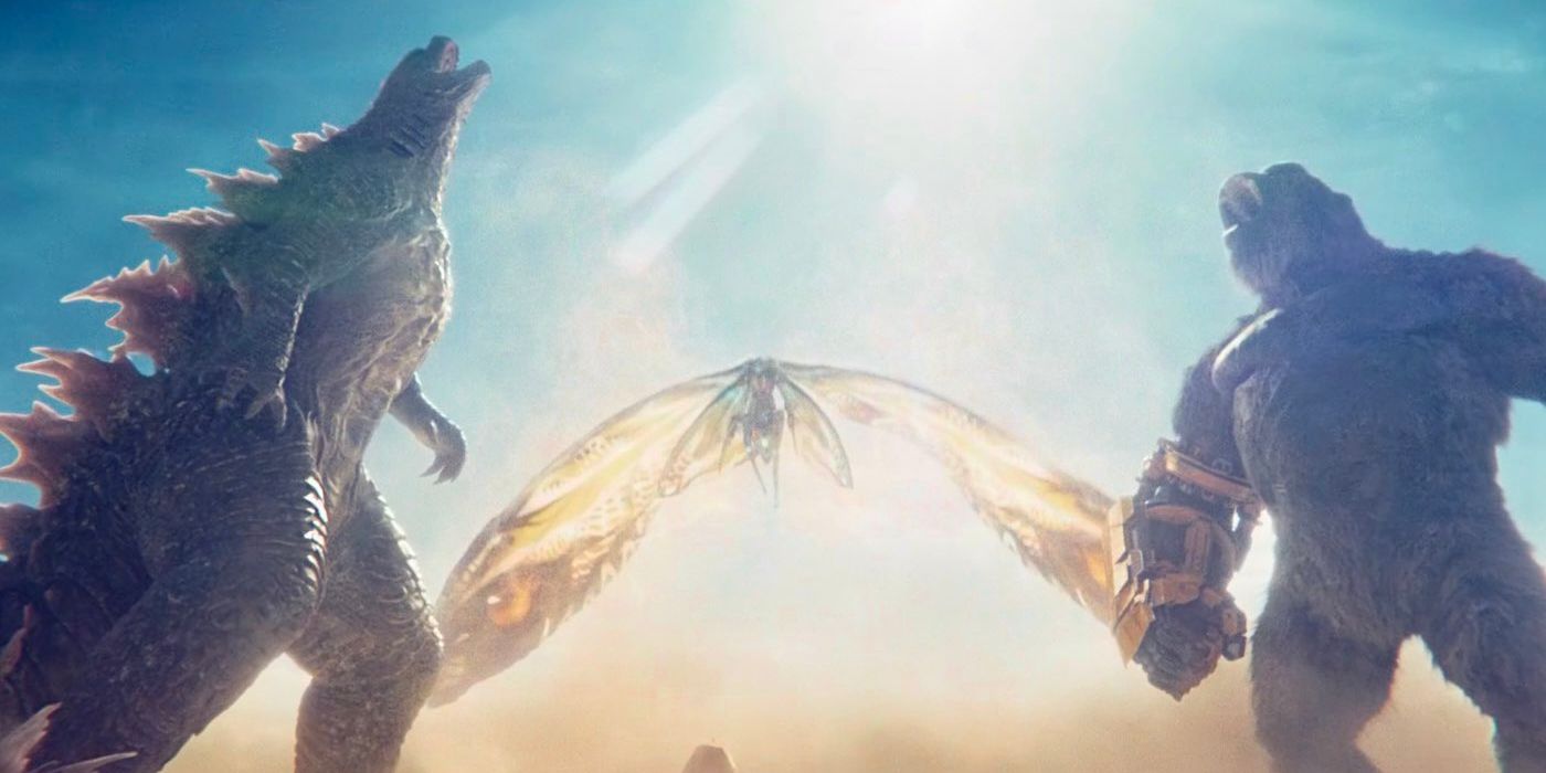 Godzilla and Kong roar together while Mothra flies over the Sphinx between them in 'Godzilla x Kong'