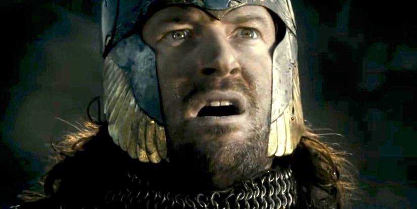 Isildur (Harry Sinclair) in a helmet from The Lord of the Rings: The Fellowship of the Ring