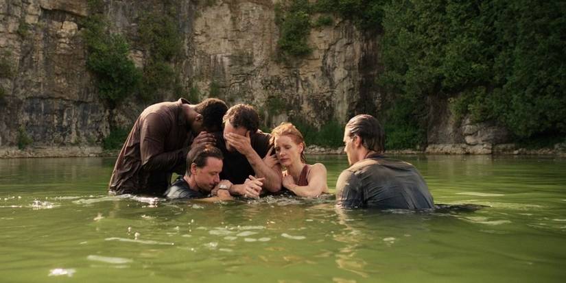 Isaiah Mustafa, Bill Hader, James McAvoy, Jessica Chastain, and Jay Ryan as Mike, Richie, Bill, Bev, and Ben in It Chapter Two
