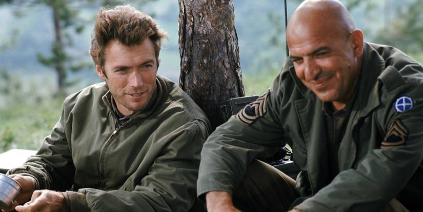 Kelly (Clint Eastwood) and Big Joe (Telly Savalas) talking and smiling in 'Kelly's Heroes'