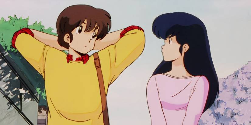 Yusaku Godai and Kyoko Otonashi looking at each other in the anime series 'Maison Ikkoku'.