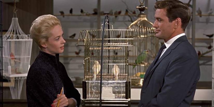 Melanie Daniels (Tippi Hedren) talking with Mitch Brenner (Rod Taylor) in a pet shop in 'The Birds'