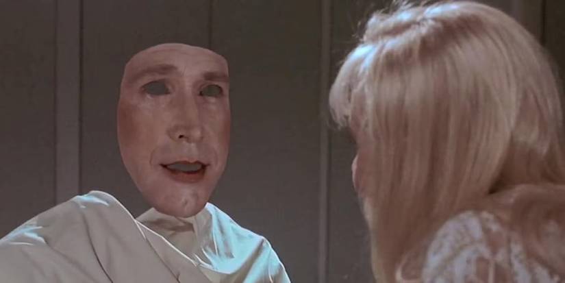Daryl Hannah applies makeup to Chevy Chase's invisible form in John Carpenter's 'Memoirs of an Invisible Man'