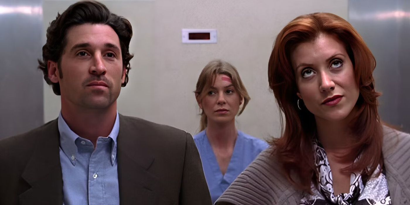 Derek (Patrick Dempsey), Addison (Kate Walsh), and Meredith (Ellen Pompeo) standing awkwardly in an elevator in Grey's Anatomy