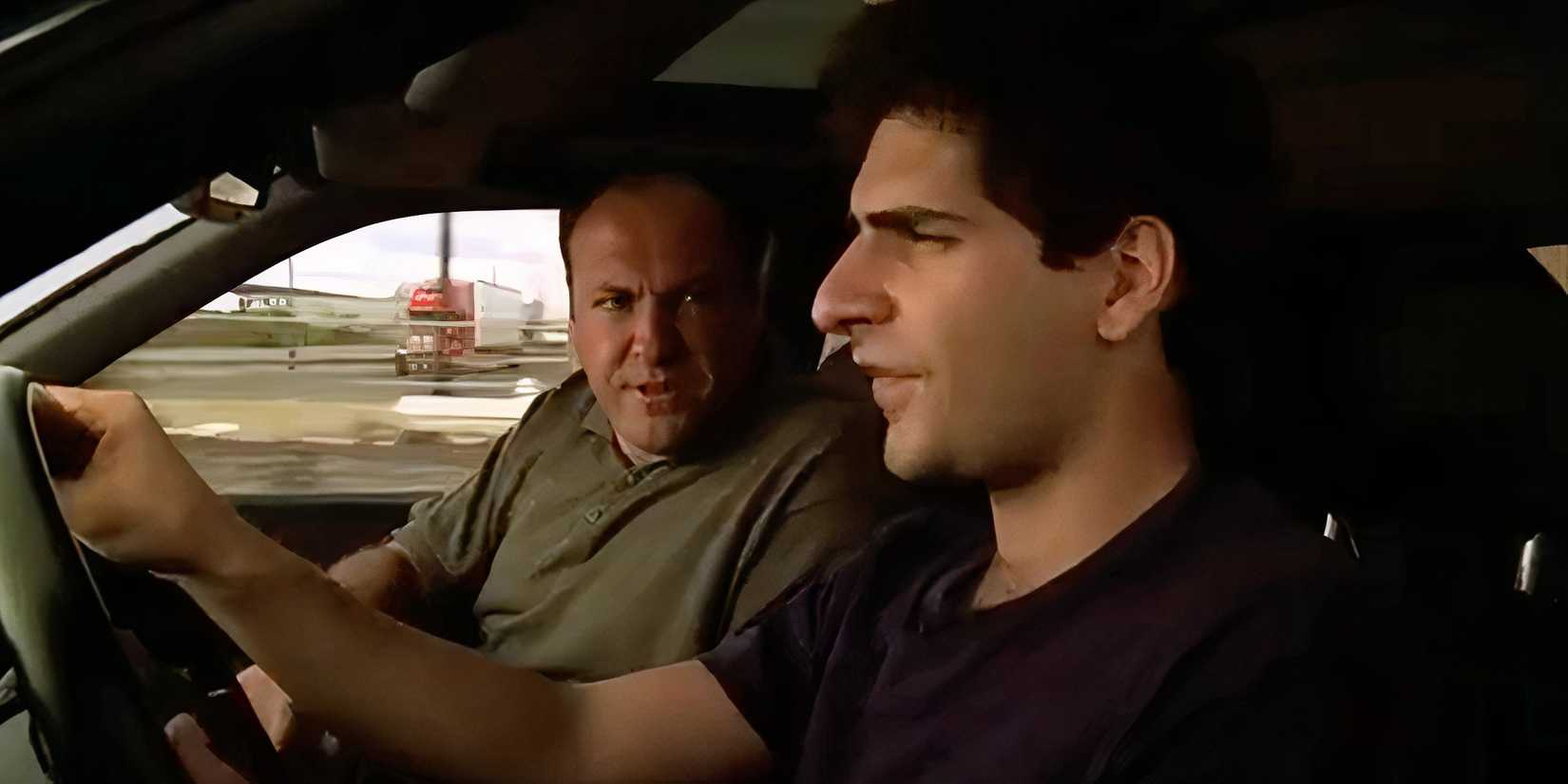 Michael Imperioli driving while James Gandolfini is looking at him from the passenger's seat in The Sopranos.