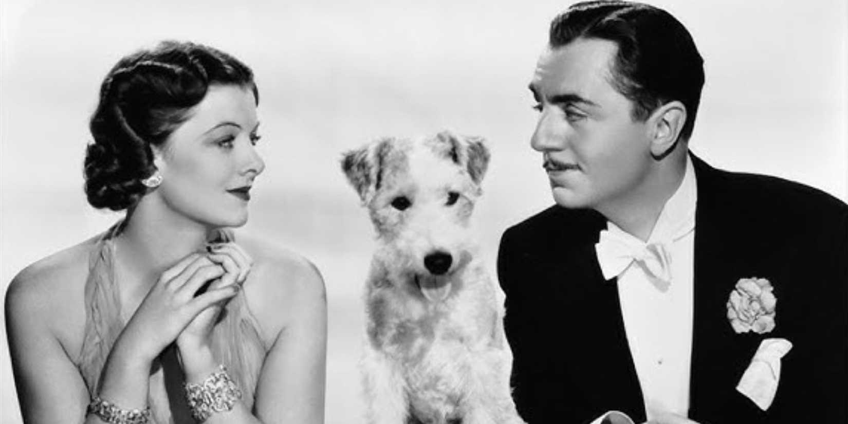 Myrna Loy as Nora Charles, Skippy as Asta and William Powell as Nick Charles in The Thin Man (1934).