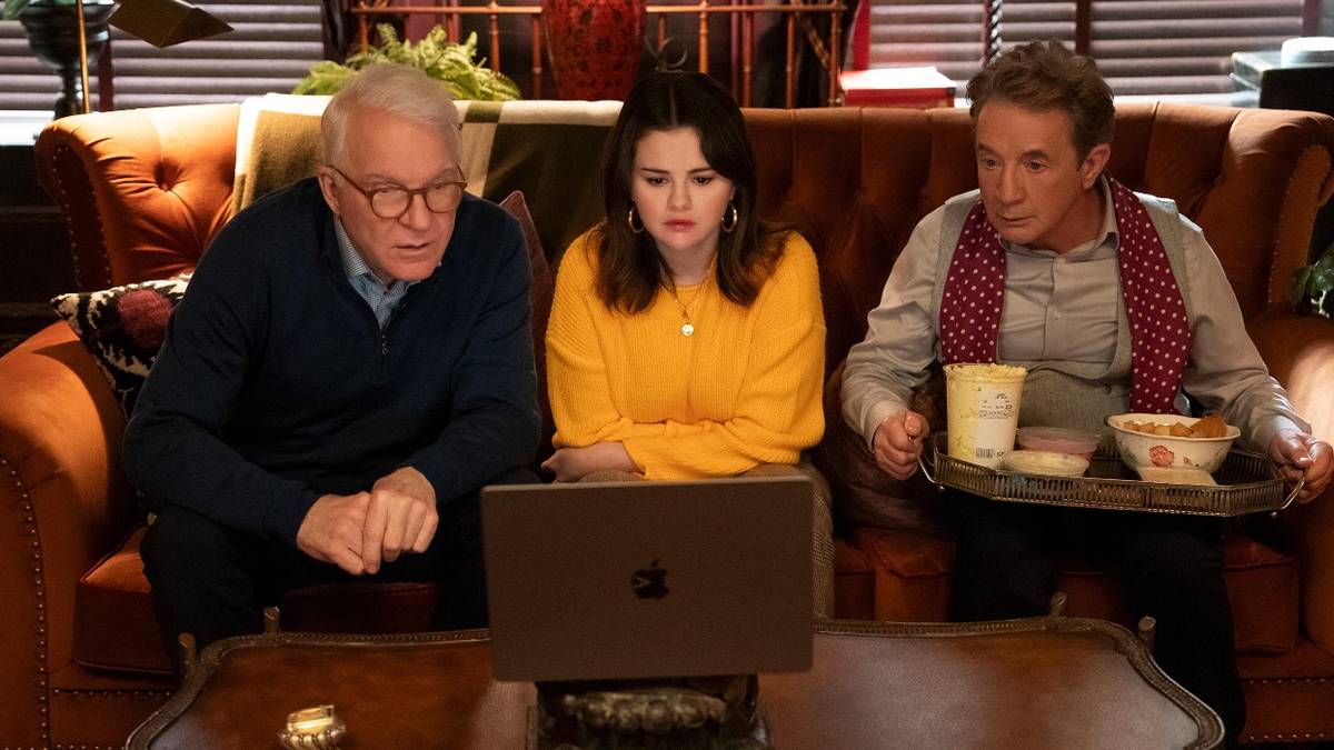 Steve Martin, Selena Gomez, and Martin Short looking at a laptop in Only Murders in the Building Season 4 Episode 6