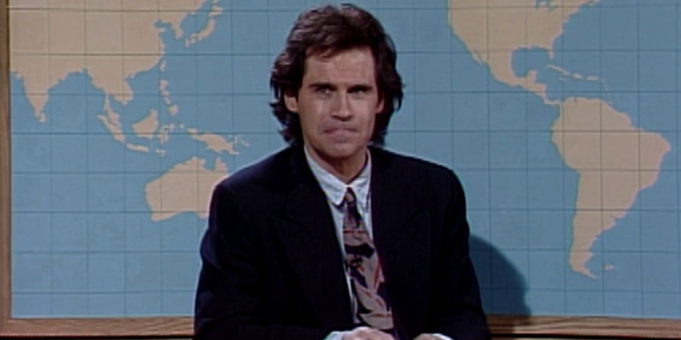 Dennis Miller sits behind the Weekend Update desk in &lsquo;Saturday Night Live&rsquo;.