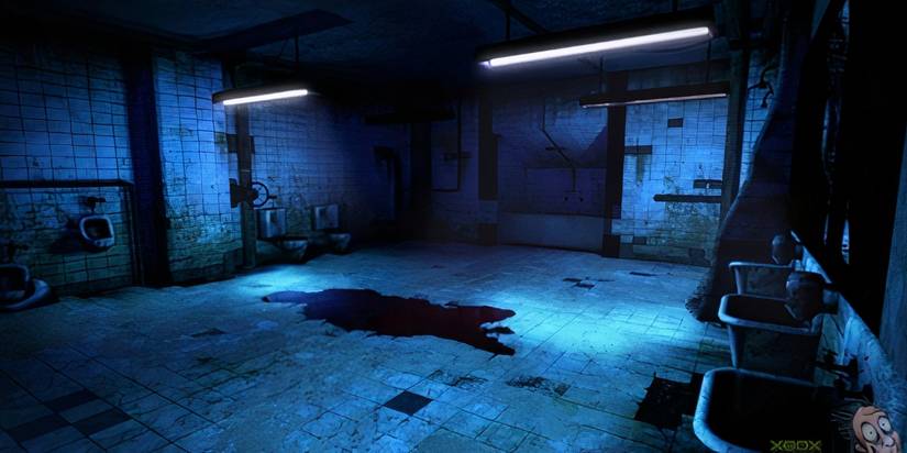 A blood-covered room in "Saw' the video game