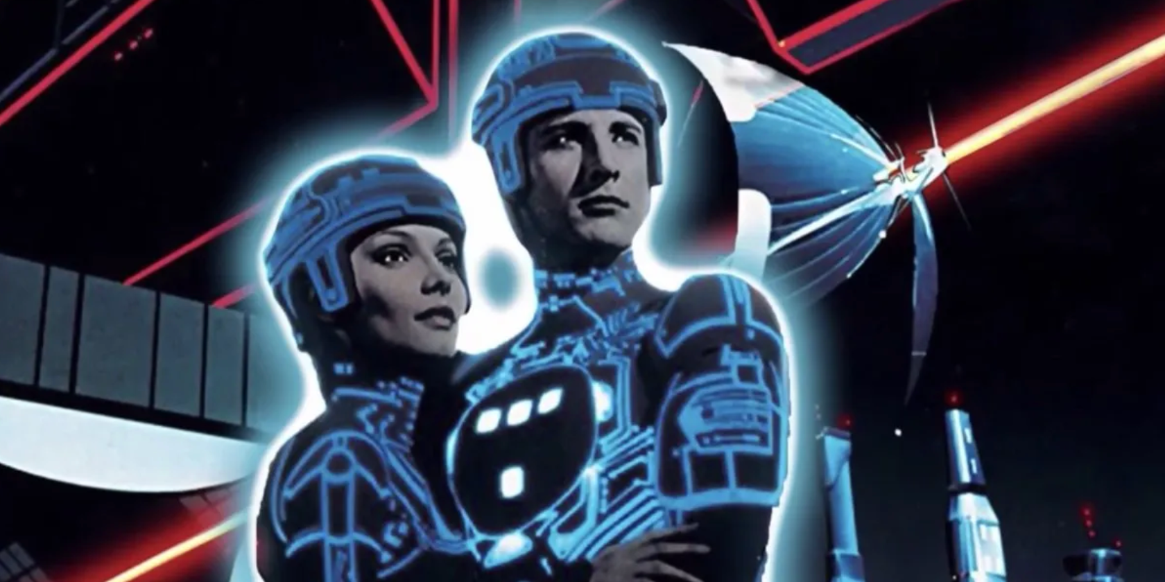 Bruce Boxleitner as Tron and Cindy Morgan as Yori, in 'Tron,' with digital art suits