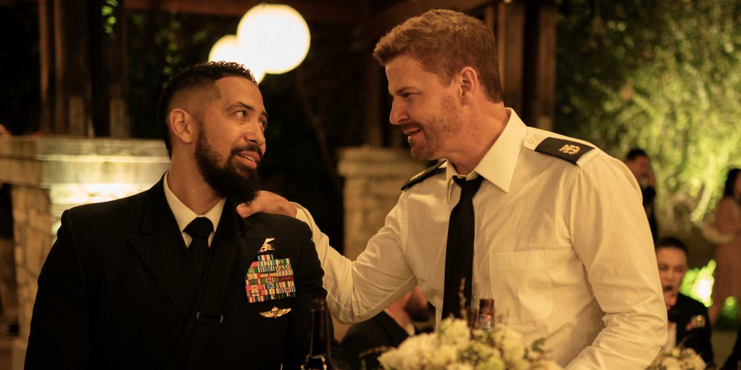 David Boreanaz as Jason Hayes grasping the shoulder of Neil Brown Jr. as Ray in the series finale of SEAL Team
