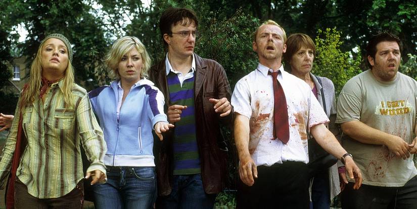 Simong Pegg, Nick Frost, and the rest of the cast pretend to be zombies in 'Shaun of the Dead'.