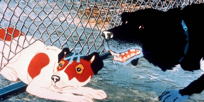 Snitter and Rowf escaping under the fence in The Plague Dogs