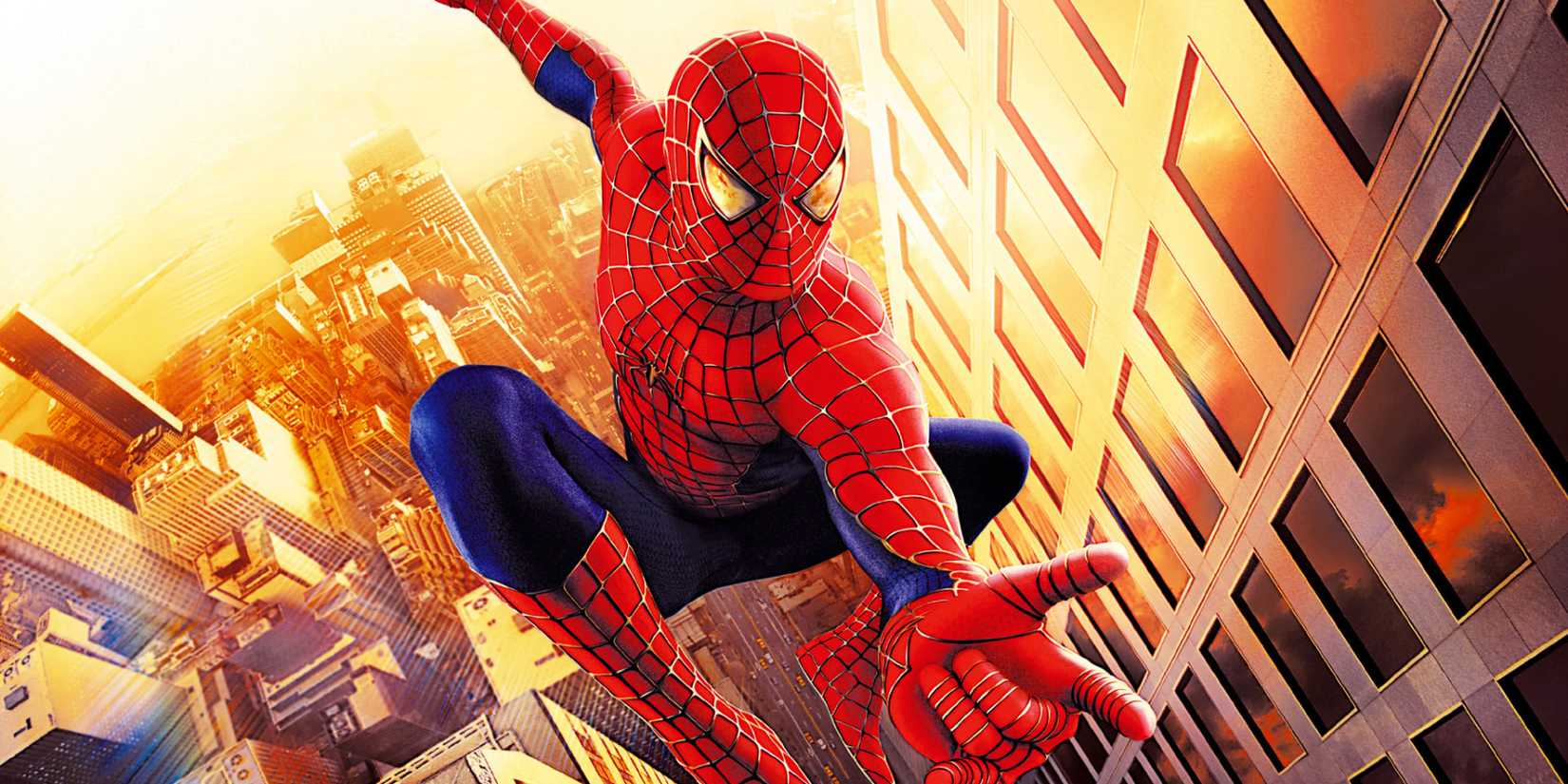 Spider-Man swinging across New York in the 2002 movie.