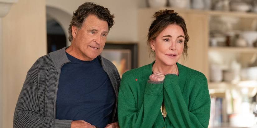 Ted McGinley and Christa Miller in their living room in Shrinking Season 2
