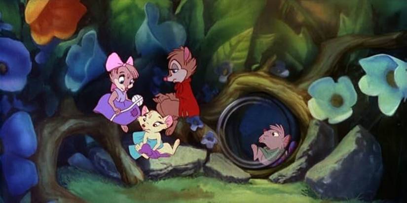 The Brisby family congregate on the forest floor in The Secret of NIMH