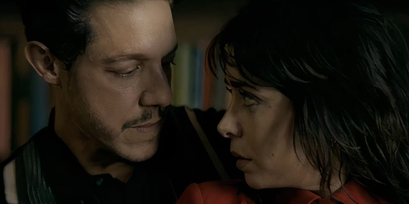 Cristin Milioti as Sofia and Theo Rossi as Dr. Julian Rush looking at each other while they're sitting together in The Penguin