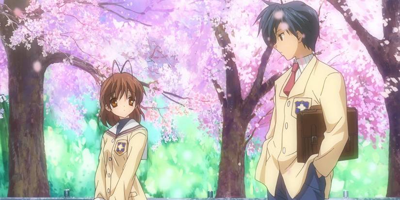Nagisa Furukawa dan Tomoya Okazaki di bawah bunga sakura di serial anime 'Clannad'