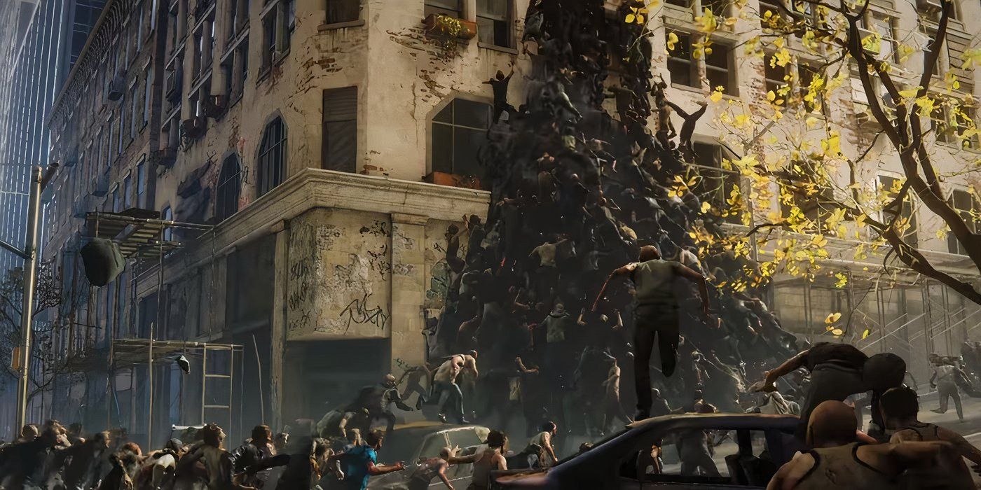 Zombies swarm a city street in the 'World War Z' video game