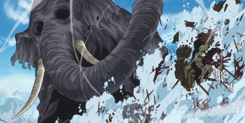 Zunisha, a giant elephant in the ocean destroying a fleet of ships in One Piece
