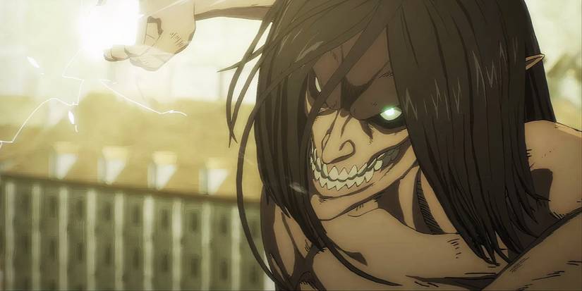 Eren in his Titan form is about to throw a punch in Attack on Titan. Season 1 Episode 7, Small Blade - The Battle For Trost