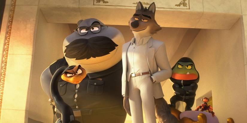 Mr. Shark. Ms. Tarantula, Mr. Snake. Mr. Wolf, and Mr. Piranha entering a room in The Bad Guys 2