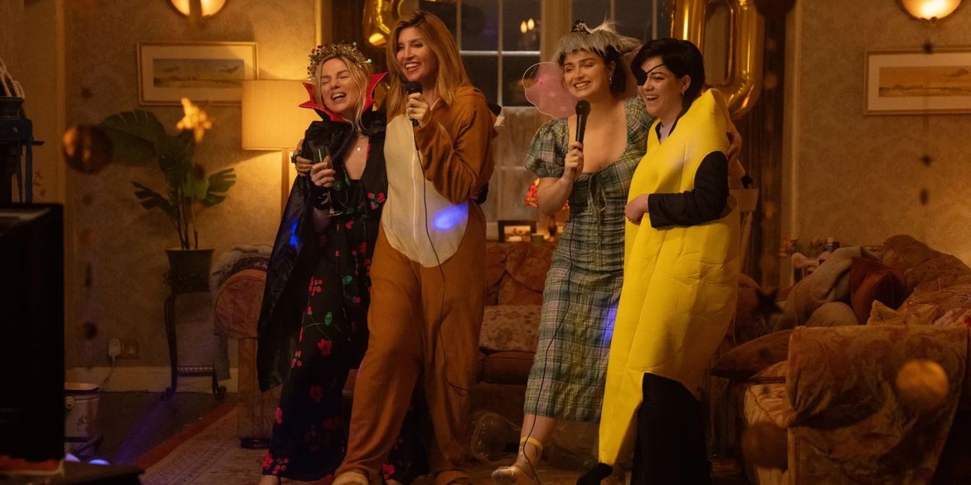 Ursula, Eva, Becka, and Bibi dressed in costumes, singing karaoke in 'Bad Sisters' Season 2.