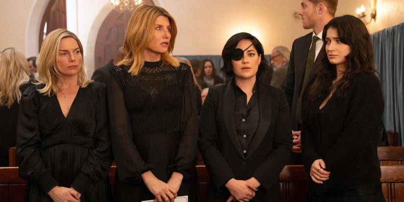 Eva Birthistle, Sharon Horgan, Sarah Greene, and Eve Hewson wearing black at a funeral