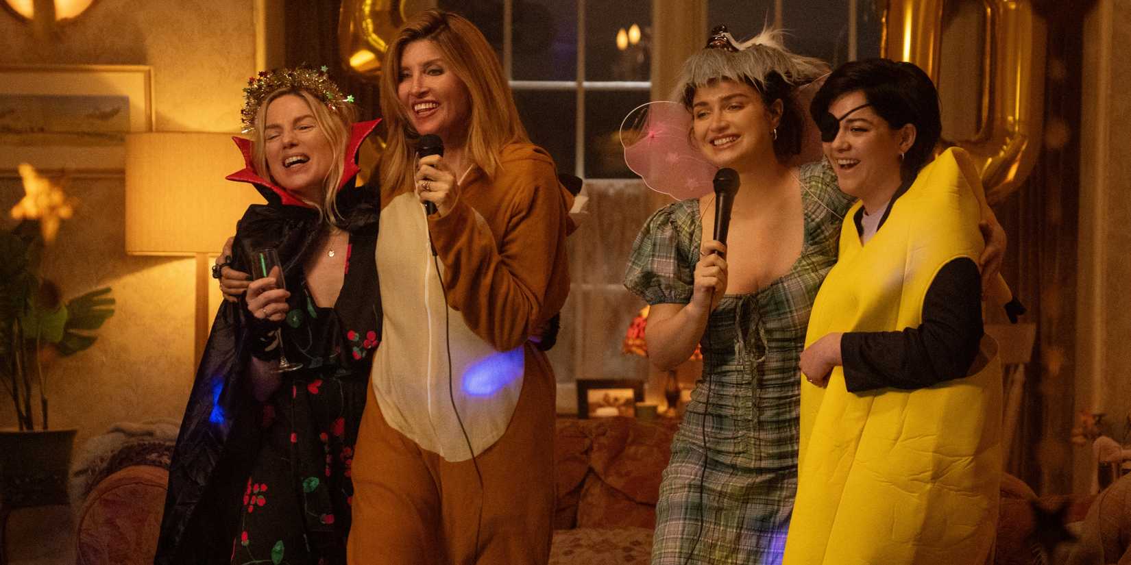 Sharon Horgan as Eva with Eve Hewson, Sarah Greene and Eva Birthistle in Halloween costumes in Bad Sisters