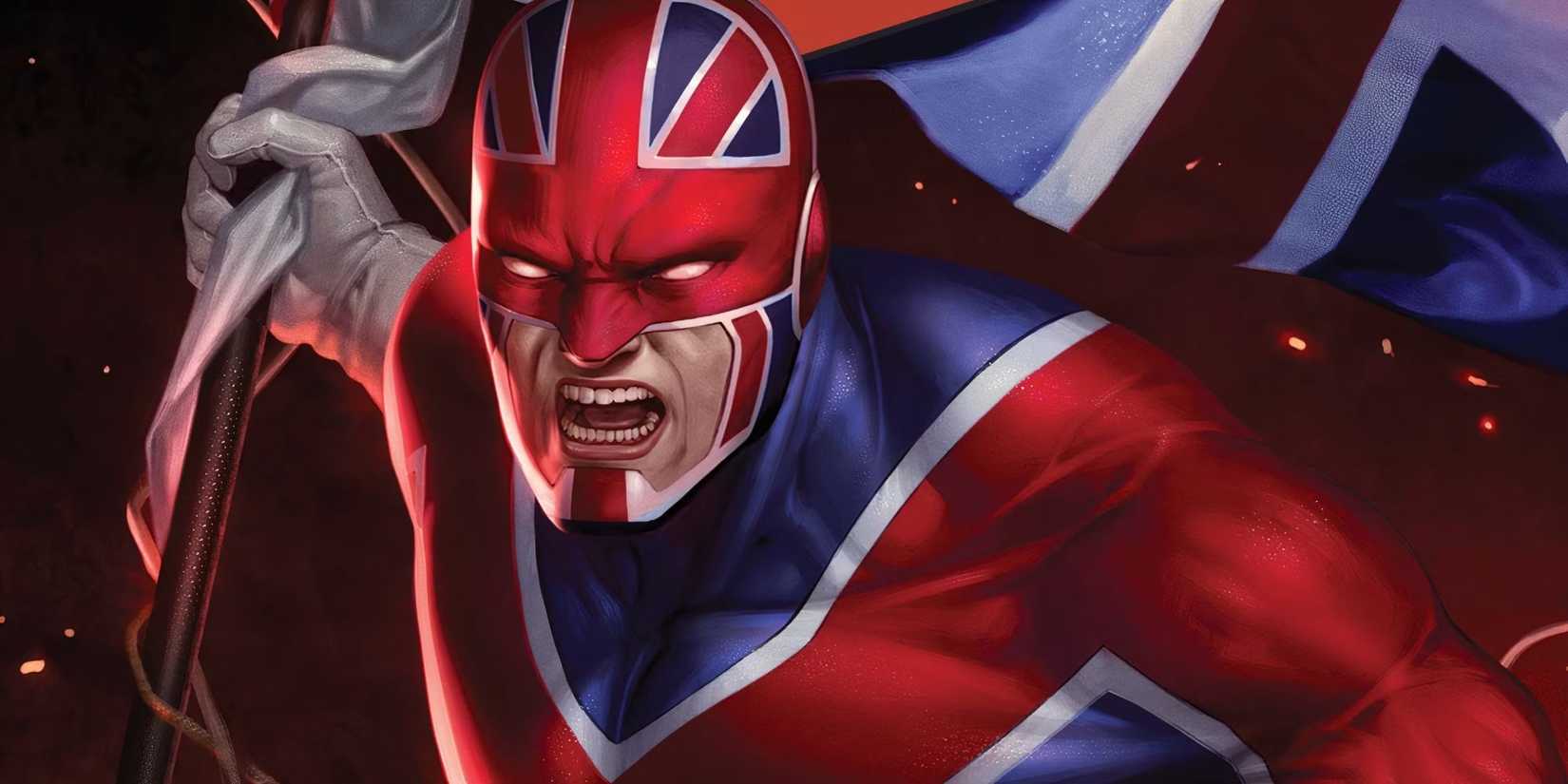 Le capitaine Britain détient le drapeau britannique et crie.