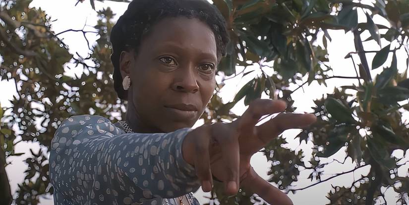 Celie (Whoopi Goldberg) puts a curse on Albert (Danny Glover) after confronting him in The Color Purple.