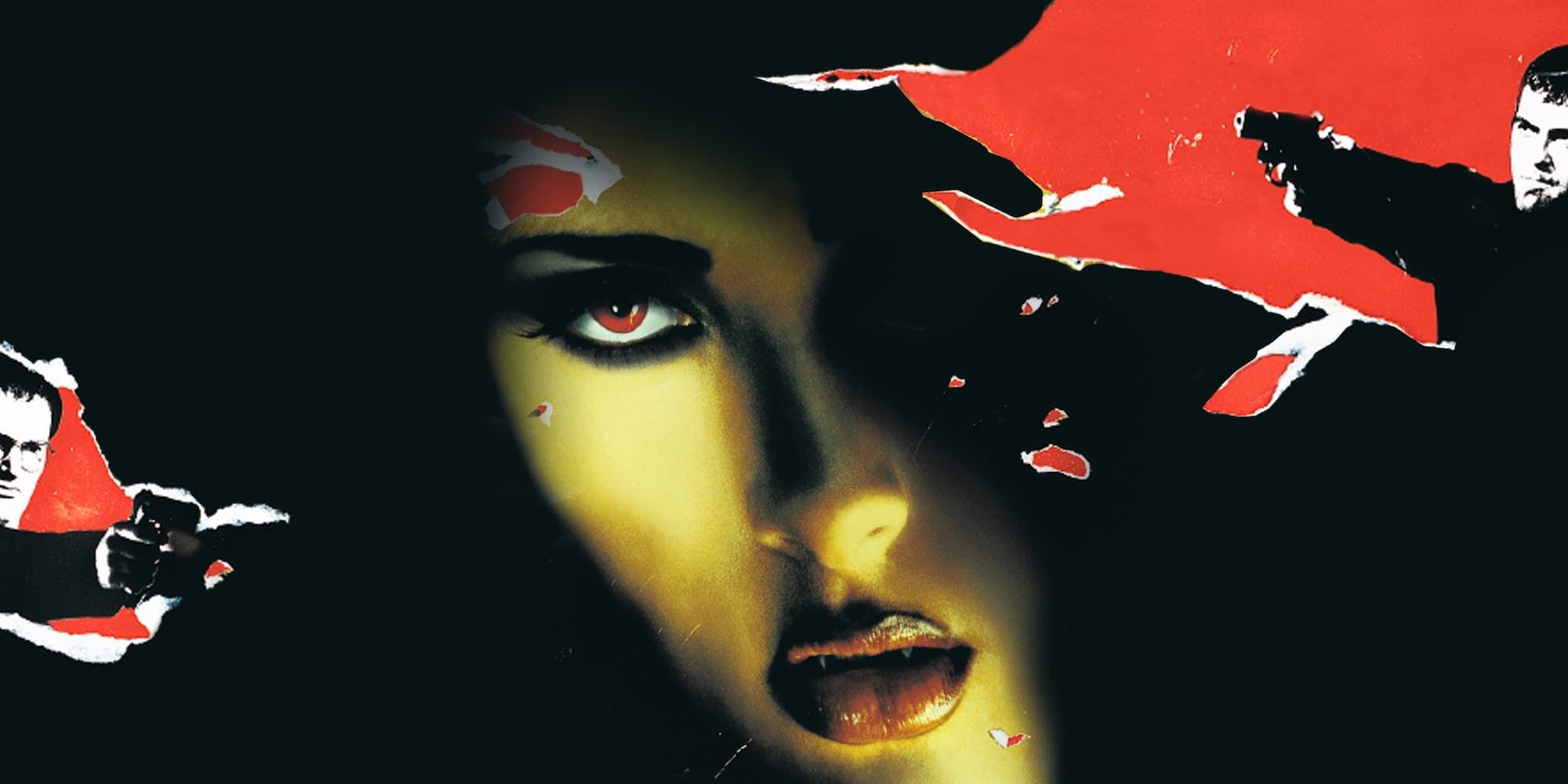 From Dusk Till Dawn poster with the brothers aiming weapons with a vampire face between them