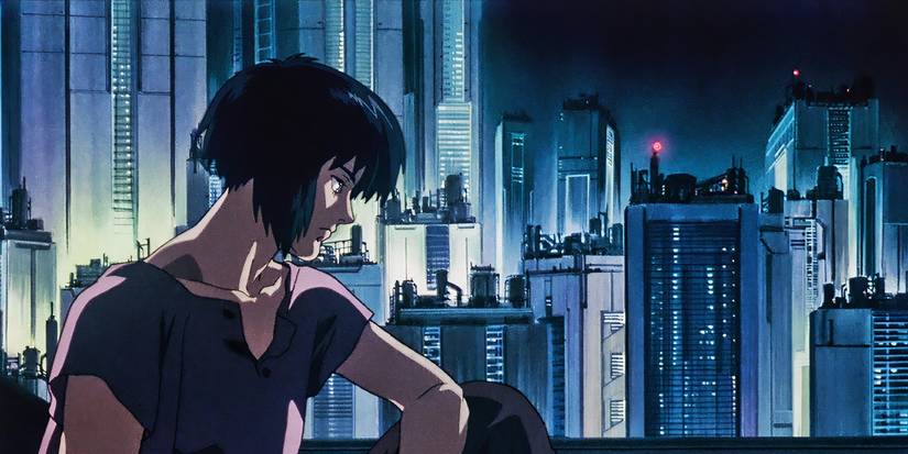 Woman in front of cyberpunk skyline in Ghost in the Shell