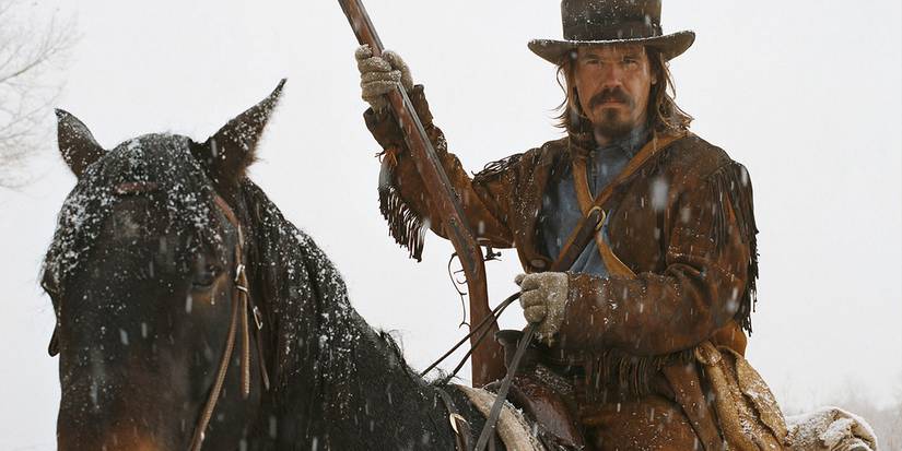 Josh Brolin as mountain man Jedediah Smith on horseback in the winter on Into the West.