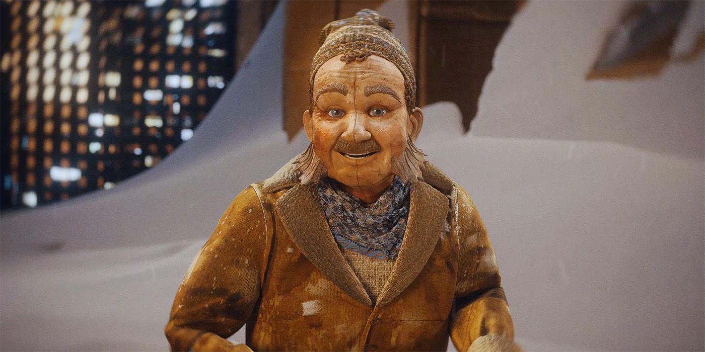 John C Reilly as a wooden stop motion character in An Almost Christmas Story