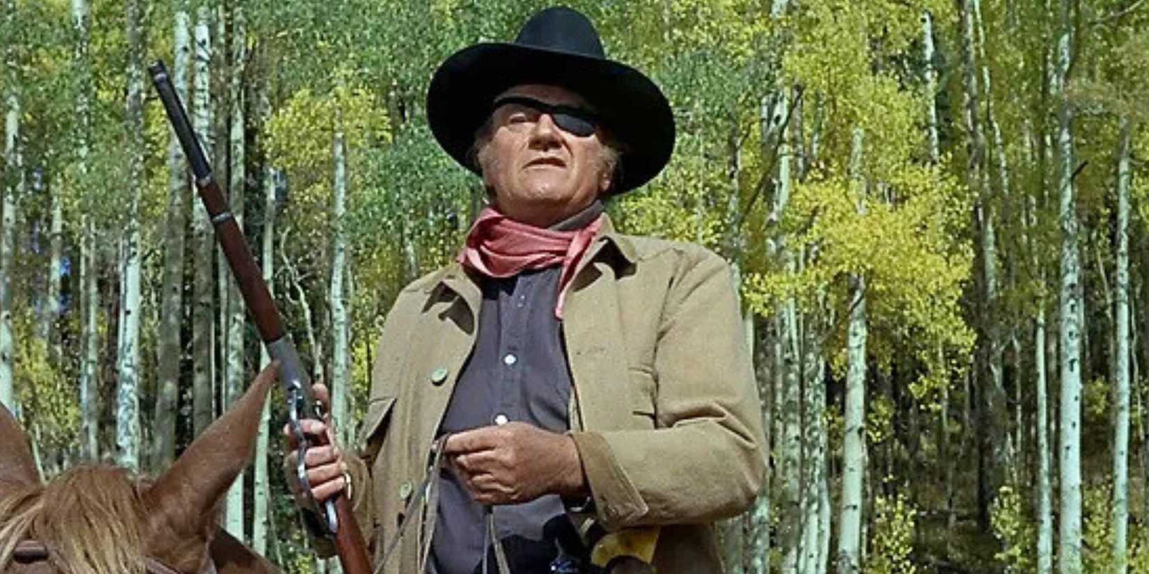 John Wayne sitting on a horse holding a rifle in his hand in True Grit (1969)