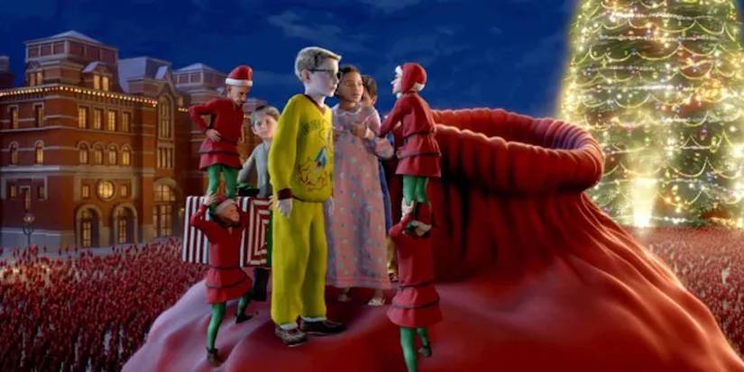 Kids are discovered and taken out of Santa's toy sack by elves in 'The Polar Express'