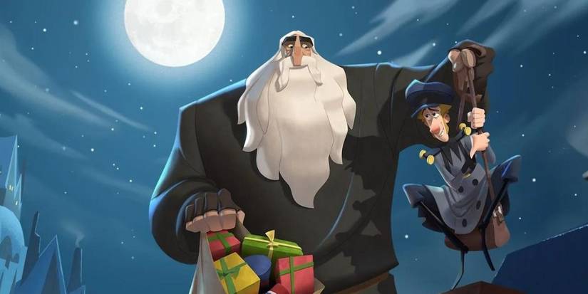 Promo image for Klaus, featuring Klaus holding his unwitting assistant Jesper and gifts.