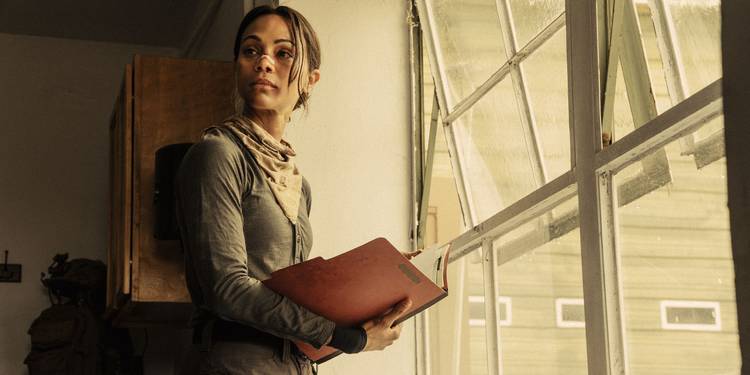 Zoe Saldana in Lioness Season 2 standing by a window holding a file folder.