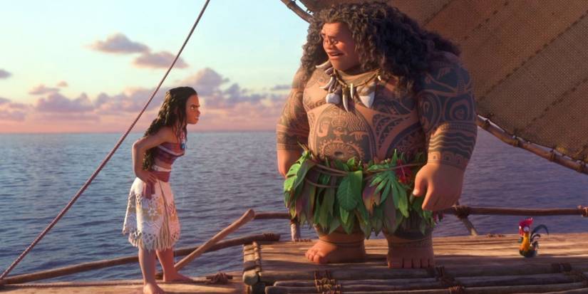 Maui and Moana on a boat