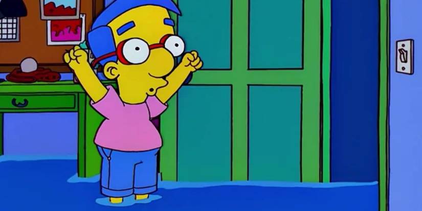 Milhouse (Pamela Hayden) says "Everything's coming up Milhouse" while standing in water in The Simpsons.