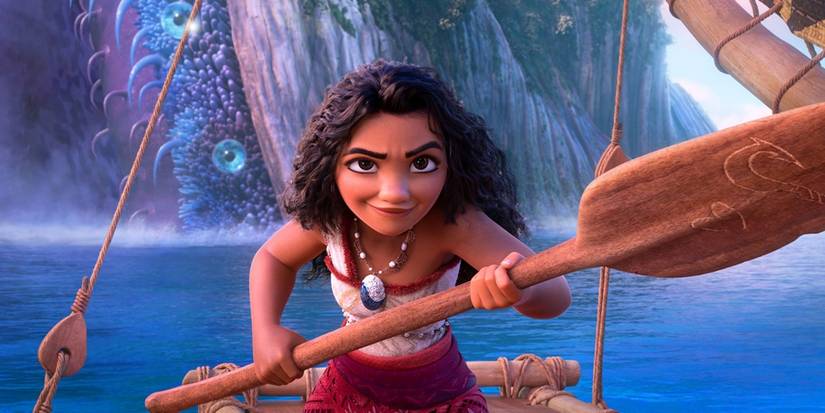 Moana (Auli'i Cravalho) holding an oar in Moana 2.