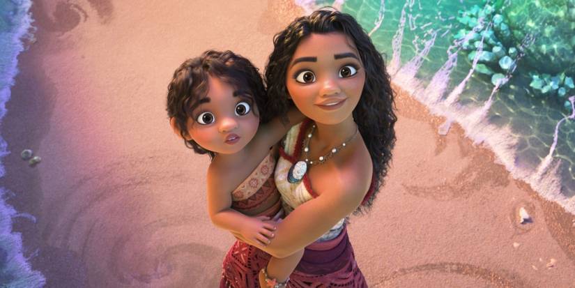 Moana (Auli'i Cravalho) holding her younger sister Simea (Khaleesi Lambert-Tsuda) in Moana 2