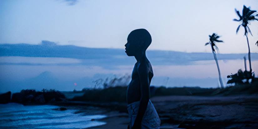 A young boy looks out over the ocean on a beach with palm trees in Moonlight.