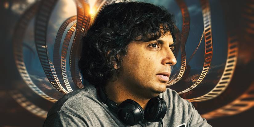 Custom image of director M. Night Shyamalan in front of film strips