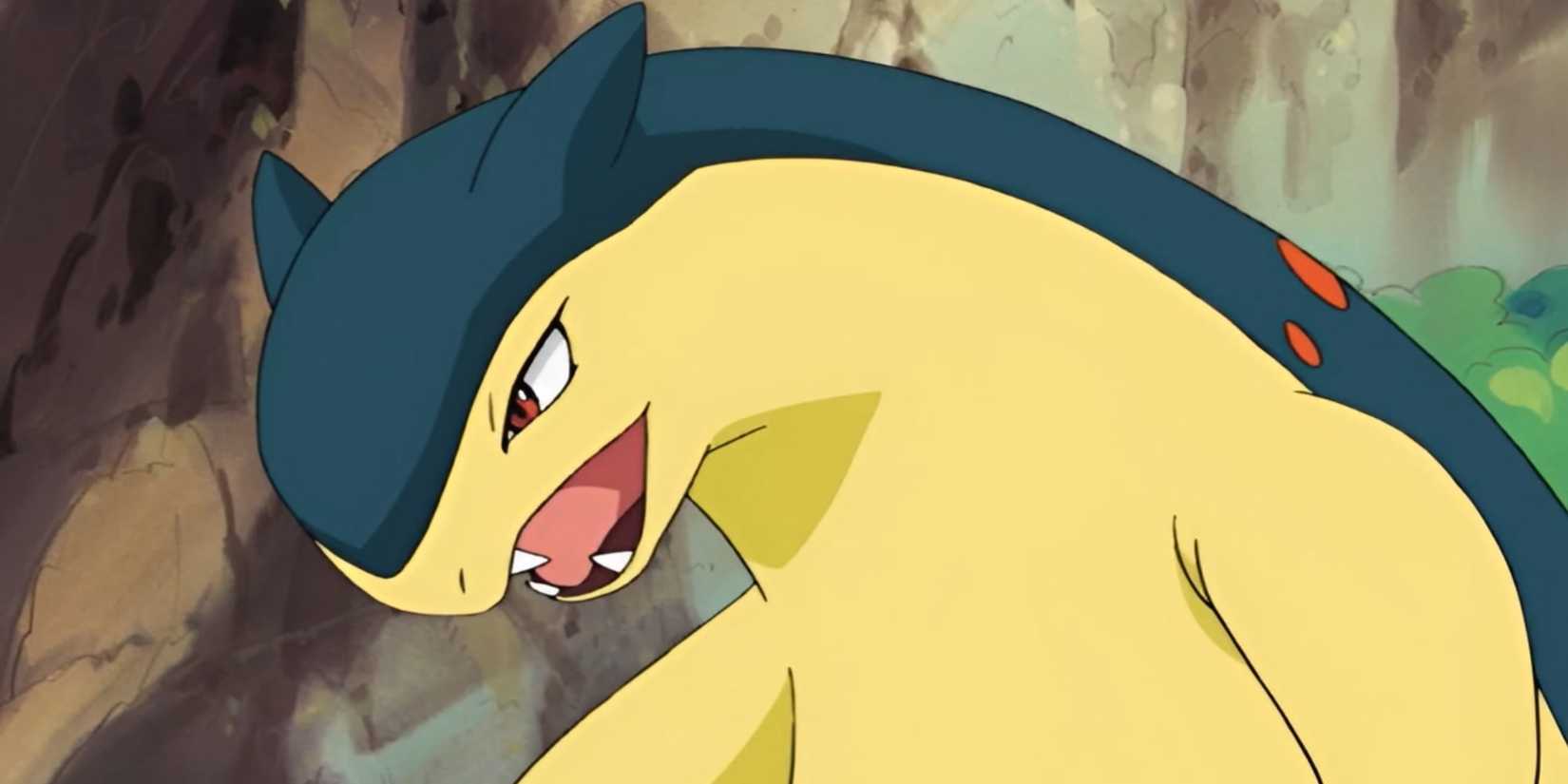 Typhlosion has its mouth open while hunched over