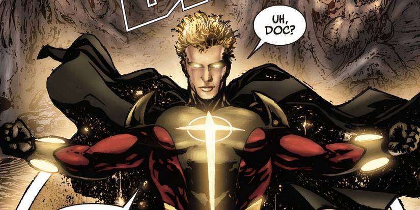 Quasar faisant une pose de super-héros avec des yeux brillants dans les bandes dessinées de Marvel