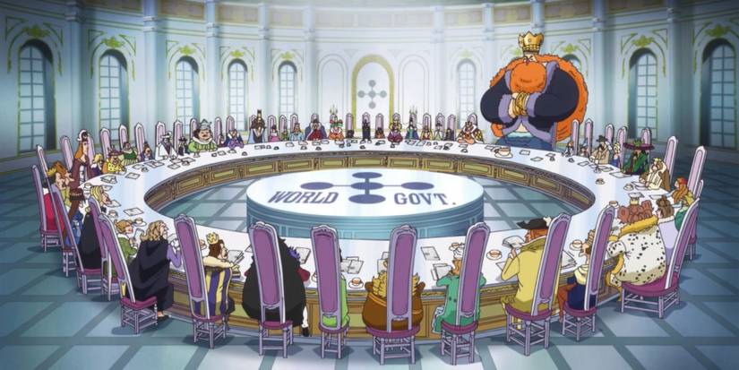 Kings and queens of One Piece sitting around a table at the Reverie